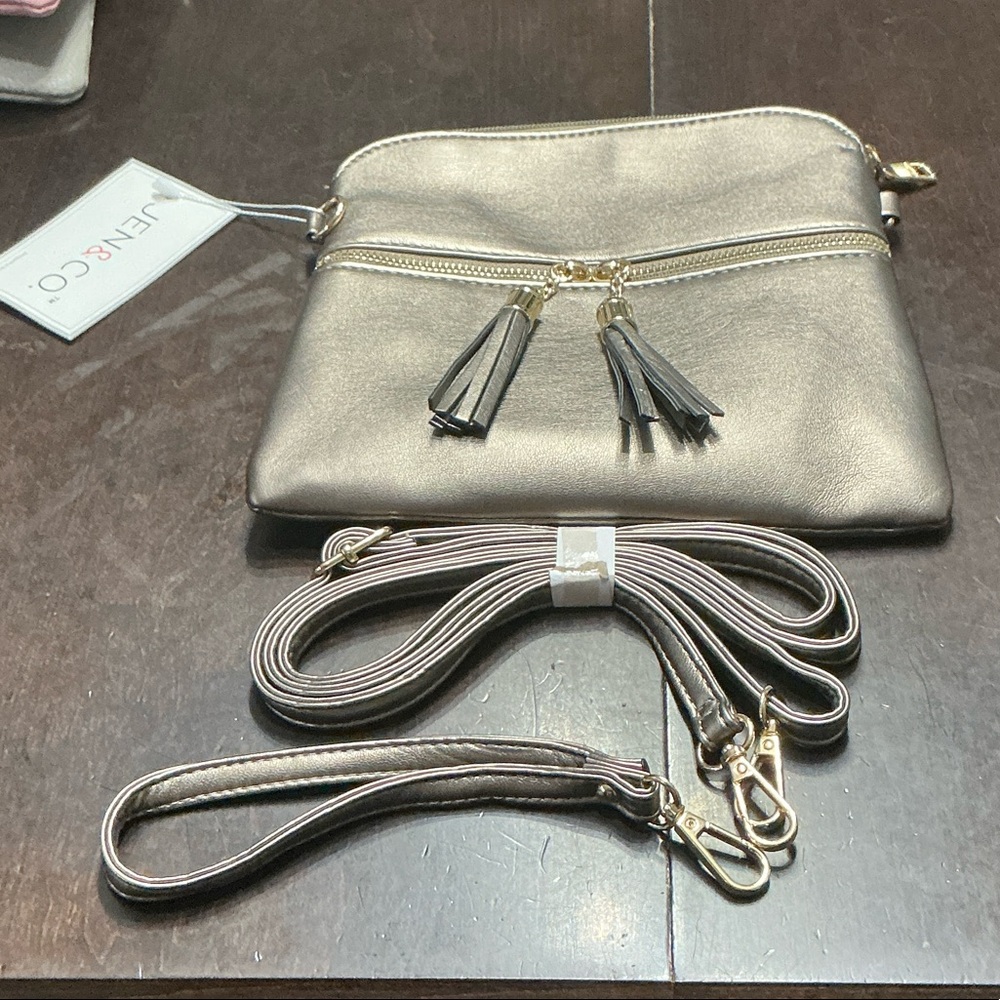 JEN & CO Metallic Taupe Crossbody Bag with Tassel Zipper